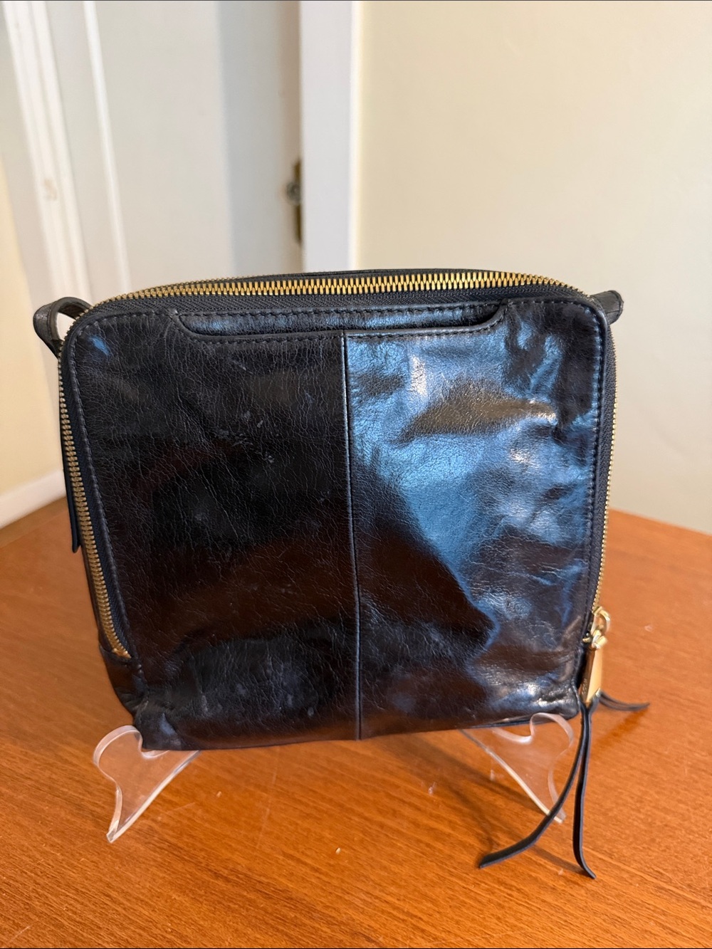 HOBO Black Leather Crossbody Bag with Gold Zipper